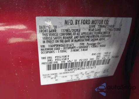 2010 Ford Taurus Sel из США, поврежденный, VIN 1FAHP2EW2AG101675